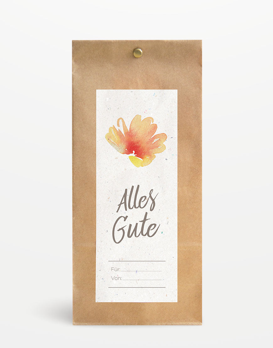 Geschenkverpackung Alles Gute Medium: Kraftpapierbeutel mit Aquarellblume und Beschriftung Alles Gute, Platz für Absender/Empfänger, geeignet für 2-3 Pflegeprodukte.