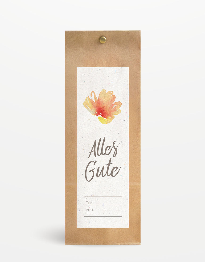 Geschenkverpackung Alles Gute Small zeigt eine schlanke Kraftpapiertüte mit Aquarellblume, beschriftet mit Für: und Von:, ideal für 1-2 Naturkosmetikprodukte.