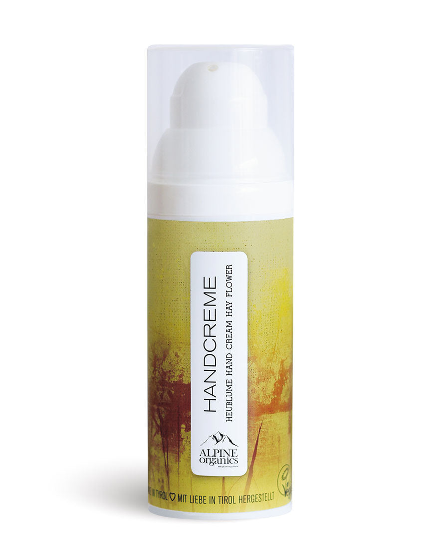 Handcreme Heublume für zarte & gepflegte Hände | Bio & Vegan: Pumpflasche von Alpine Organics mit entspannendem Duft, ideal für trockene Hände.