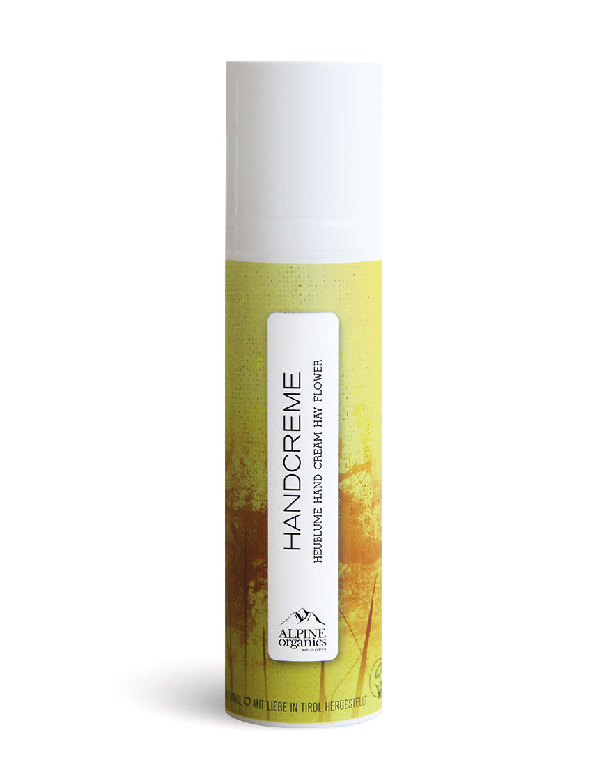 Schlanke Pumpflasche der Alpine Organics HANDCREME mit Alpenkräutern, Bio & Vegan, für zarte Hände. Enthält wertvollen BIO-Zitronenmelissen- und BIO-Lindenblütenextrakt.