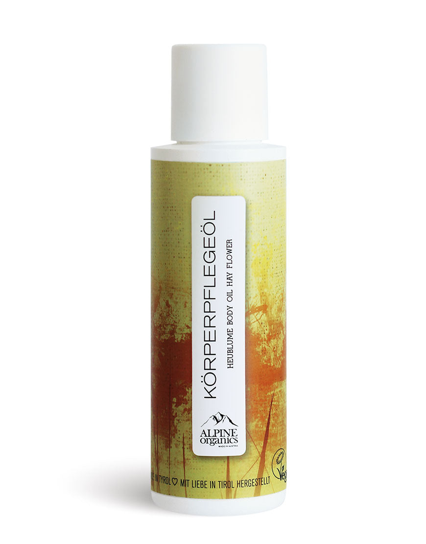 Alpine Organics Körperpflegeöl mit Heublume und Haselnussöl in zylindrischer Flasche, vegan und aus Tirol, für geschmeidig-zarte Hautpflege, ideal für trockene, empfindliche Haut.
