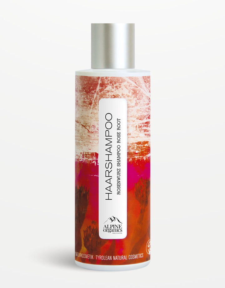 Zylindrische Flasche Haarshampoo mit Rosenwurz & Apfelsaft für samtige Haare und gesunde Kopfhaut | Bio & Vegan von Alpine Organics, Tiroler Naturkosmetik.
