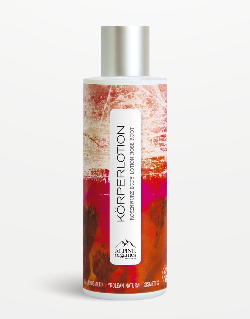 Körperlotion Rosenwurz für zarte & geschmeidige Haut | Bio & Vegan, in zylindrischer Flasche mit silbernem Verschluss, roter/oranger Marmoretikette, hergestellt in Österreich.
