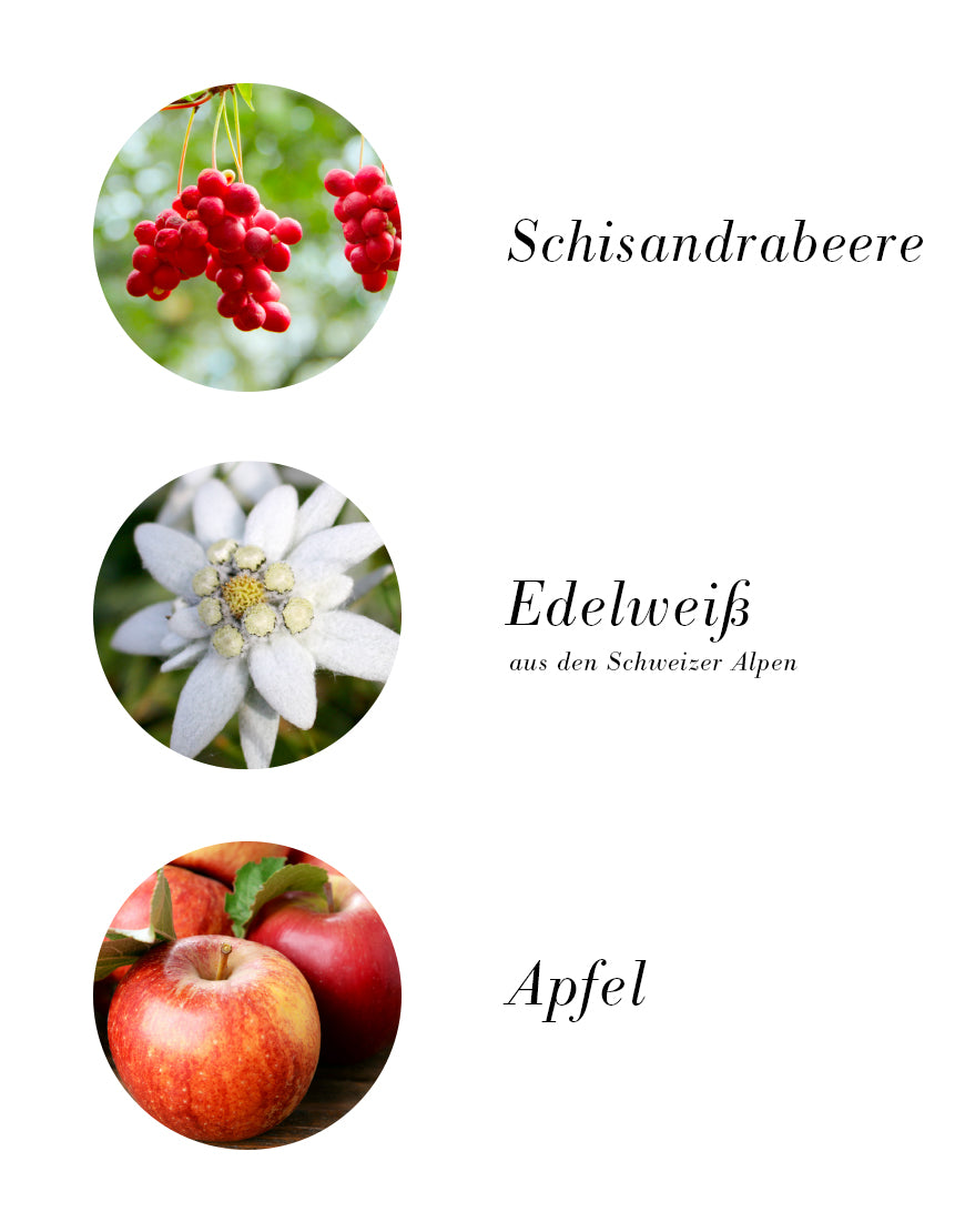 Detox-Tagescreme mit Schisandabeeren-Extrakt, Edelweiß aus den Schweizer Alpen und Apfel, bietet Schutz vor Umwelteinflüssen und fördert ein strahlendes Hautbild. Bio, vegan.