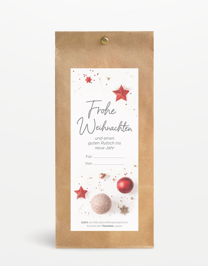 Geschenkverpackung für Weihnachtsgeschenke (Small) mit festlichem Sticker zur Spende an Tierschutz. Platz für persönliche Widmung. Ideal für 1-2 Pflegeprodukte.
