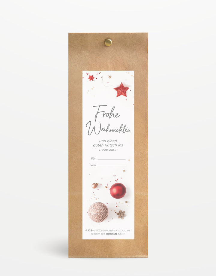 Geschenkverpackung für Weihnachtsgeschenke (Small) inkl. Tierschutzspende: Kraftpapier-Geschenktüte mit Weihnachtslabel. 0,50 € pro Kauf an Tierschutz. Platz für 1-2 Pflegeprodukte.