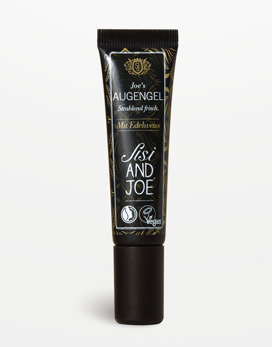 Anti-Aging Augencreme mit Edelweißextrakt in schwarzer Tube, vegan. Reduziert Augenringe, pflegt die Haut frisch und glatt. Hergestellt in Österreich.