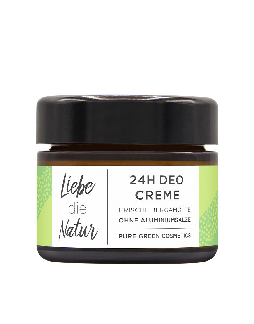 Deocreme mit Zink & Sheabutter für langanhaltenden Schutz & zarte Achselhaut, im kleinen, amberfarbenen Glas mit schwarzem Deckel, Duft: Frische Bergamotte, Bio & Vegan.