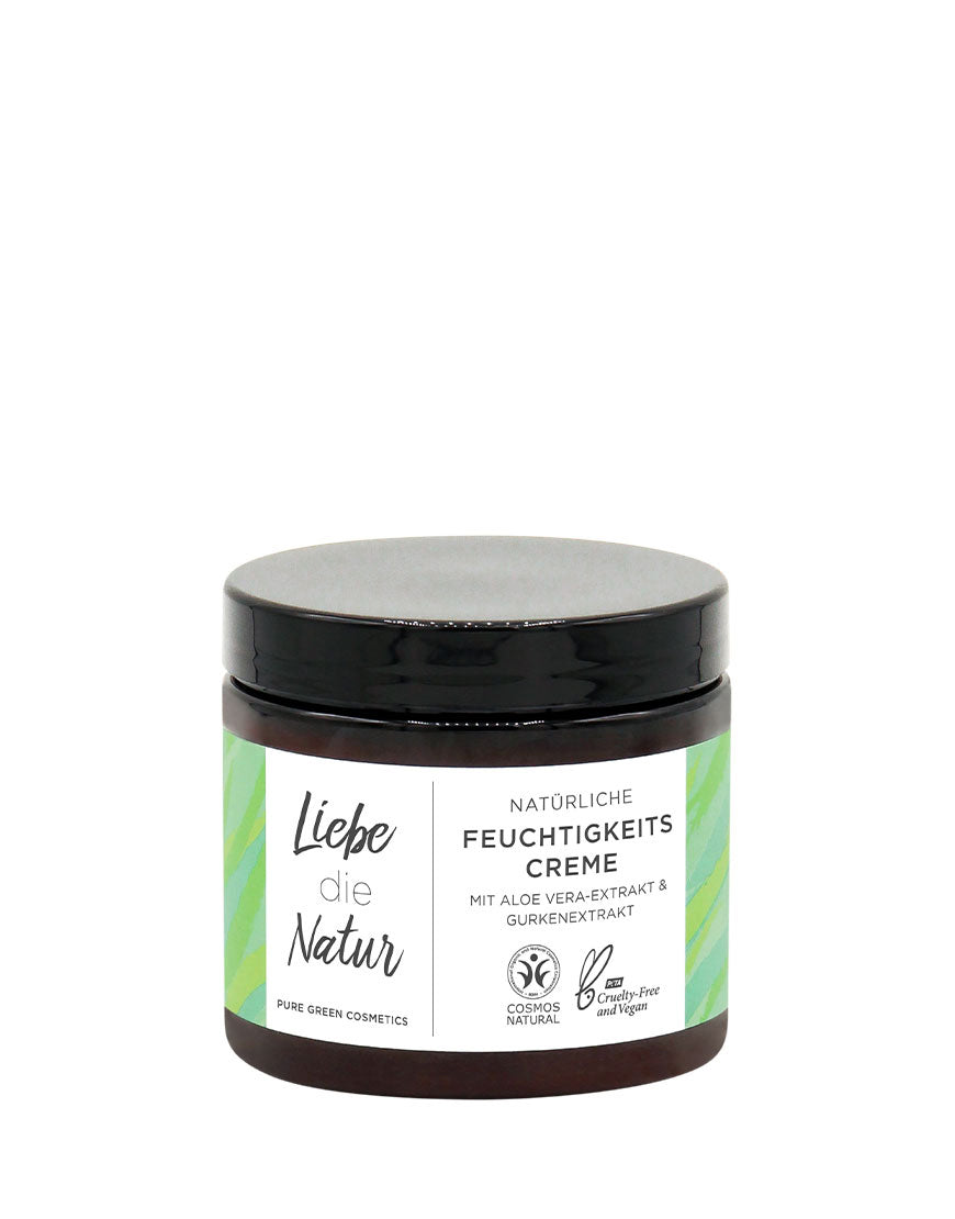 Kleines Glas mit schwarzem Deckel, etikettiert: Feuchtigkeitscreme mit Aloe-Vera & Gurkenwasser für intensive Feuchtigkeit & geschmeidige Haut | Bio & Vegan, COSMOS Natural zertifiziert.