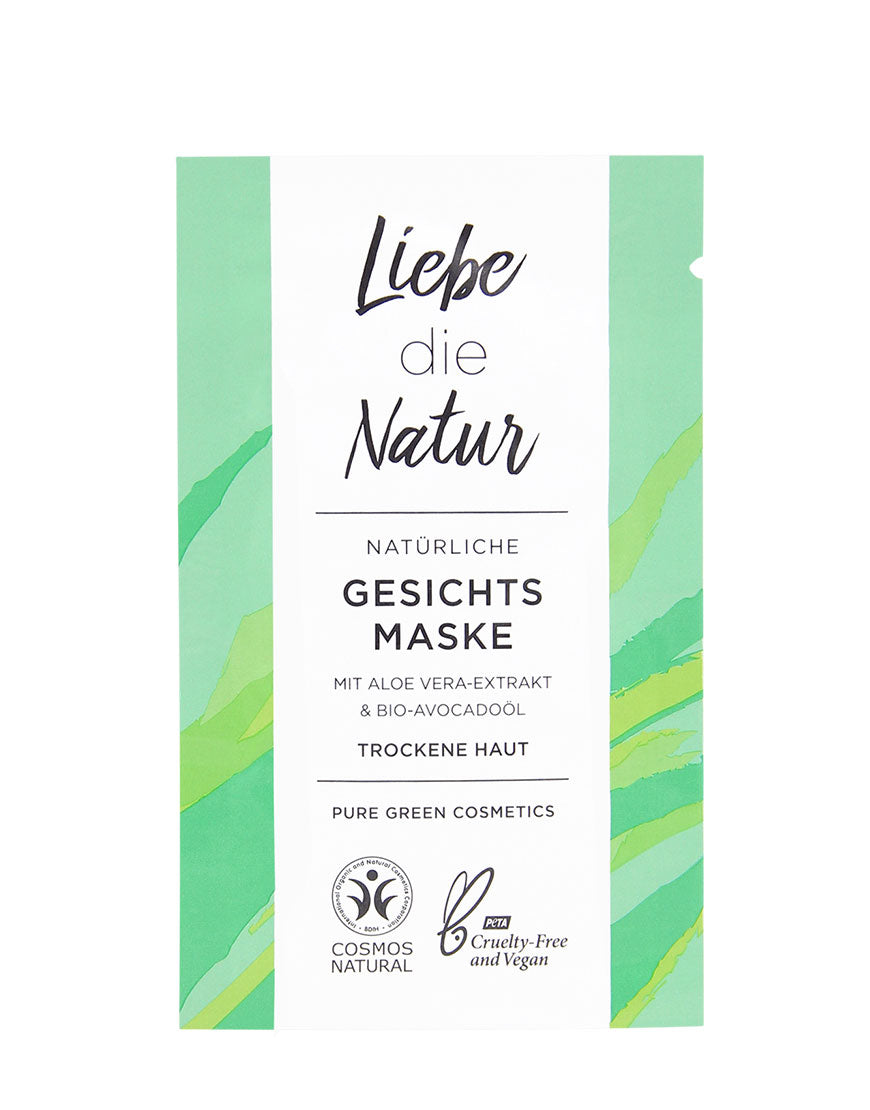 Gesichtsmaske mit Aloe-Vera & Avocadoöl für intensive Feuchtigkeit & einen samtweichen Teint. Bio & Vegan. Zertifiziert COSMOS Natural, PETA Cruelty-Free. Speziell für trockene Haut.