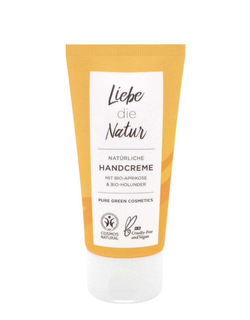 Handcreme mit Holunderblütenextrakt & Aprikosenkernöl für intensive Feuchtigkeit & gepflegte Nägel, zertifiziert COSMOS Natural, vegan und tierversuchsfrei von Liebe die Natur.