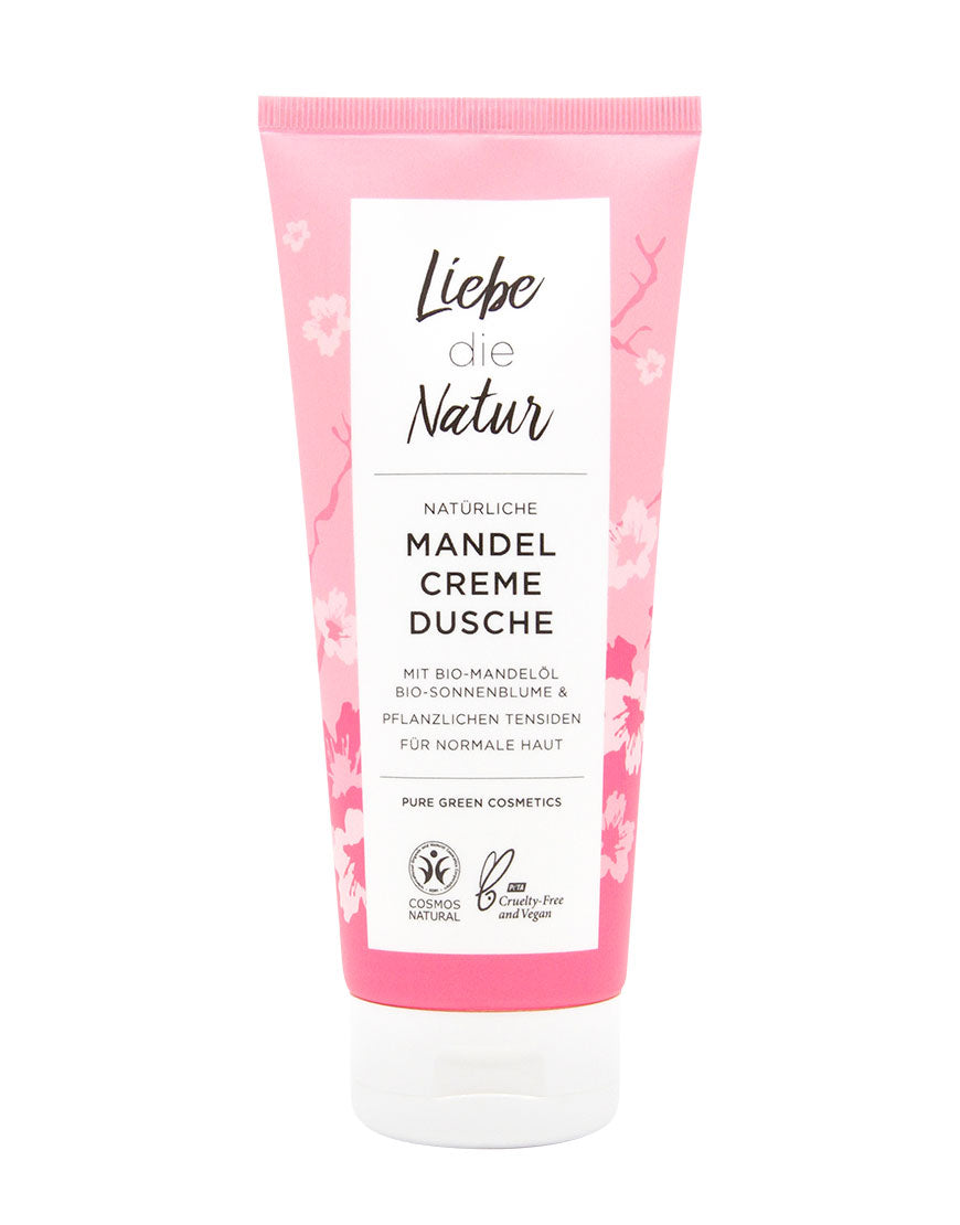 Mandel-Creme-Dusche mit BIO-Mandelöl und Sonnenblumenöl in pinker Tube, zertifiziert vegan und cruelty-free, ideal für sanfte Reinigung und seidig-weiche Haut.