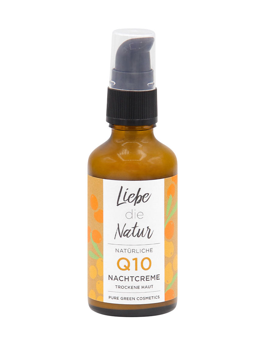 Kleine Amber-Glaspumpflasche Q10-Nachtcreme mit Sanddornextrakt & Hyaluronsäure für Regeneration & glattere Haut | Bio & Vegan mit schwarzem Spender und klarer Kappe.