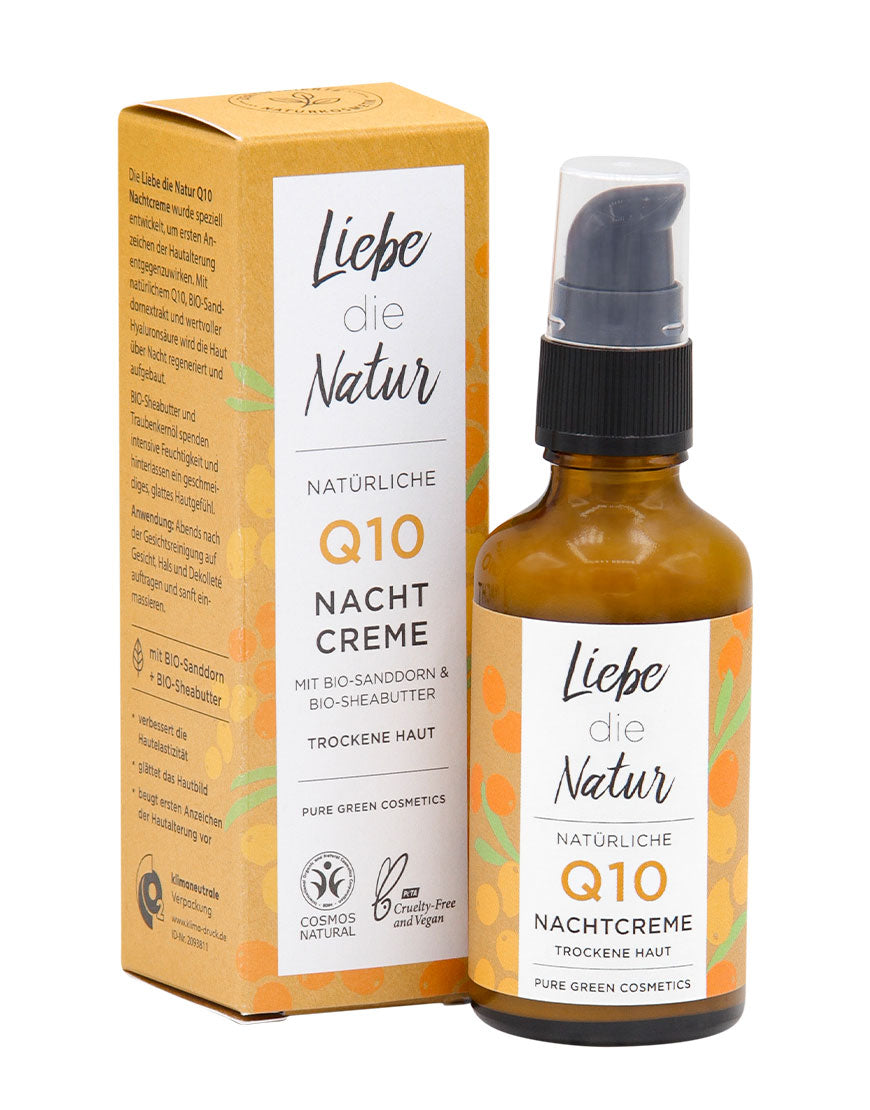 Liebe die Natur Q10-Nachtcreme für trockene Haut; Glasflasche mit Karton, Bio-Sanddornextrakt, Hyaluronsäure, Bio-Sheabutter, vegan, COSMOS Natural zertifiziert.