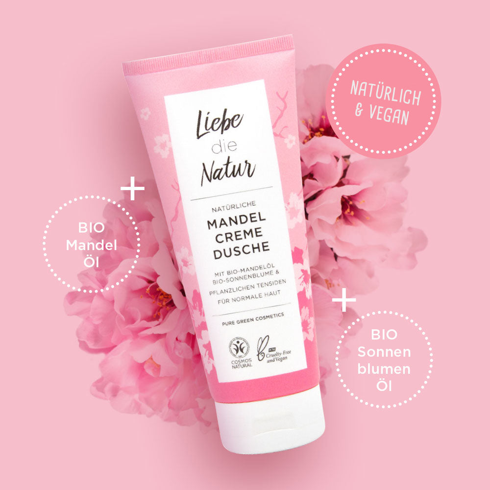 Liebe die Natur Mandel-Creme-Dusche, zertifiziert vegan. Enthält BIO-Mandelöl und BIO-Sonnenblumenöl. Sanfte Reinigung, seidig-weiche Haut. COSMOS Natural zertifiziert.