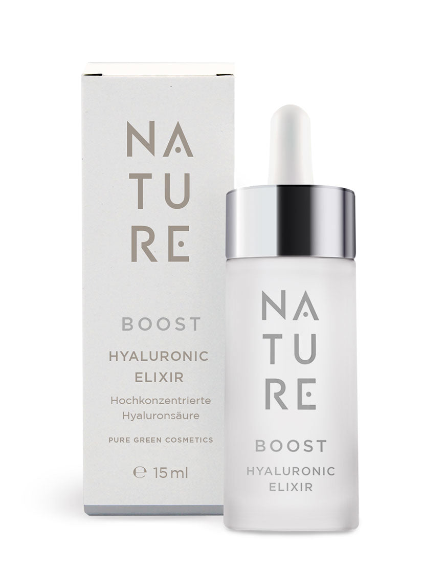 Hyaluron-Elixier mit hochkonzentriertem Hyaluron-Komplex, antioxidativem Pflanzenextrakt für intensive Feuchtigkeit und Elastizität, Bio, Vegan. 15 ml Tropfflasche neben Box von NATURE.