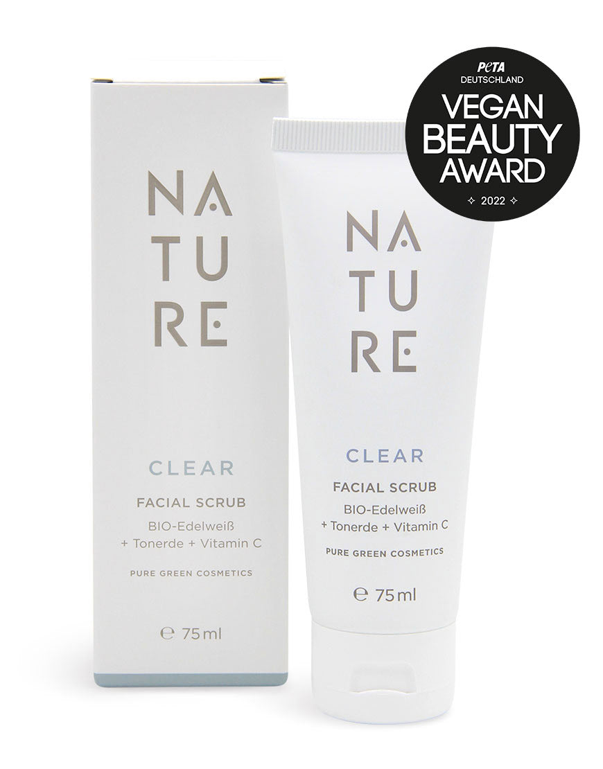 75 ml Tube und Box von NATURE CLEAR Gesichtspeeling mit natürlichen Peelingpartikeln und Tonerde, ausgezeichnet mit PETA Deutschland Vegan Beauty Award 2022. Bio-edelweiss und Vitamin C enthalten.