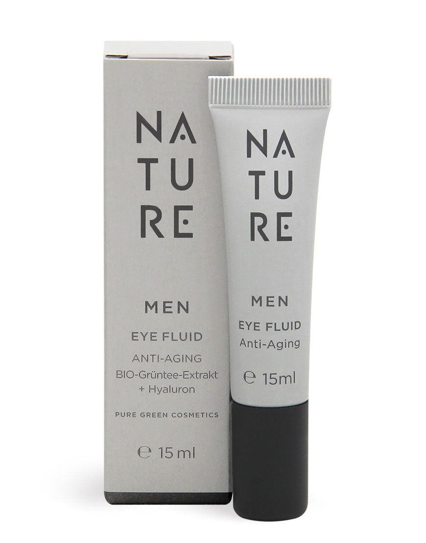 MEN Augenpflege mit Gerstenextrakt & Gurkenextrakt Tube und Verpackung, Pure Green Cosmetics, mit BIO-Grüntee-Extrakt und Hyaluronsäure, reduziert Schwellungen, regeneriert und vitalisiert.