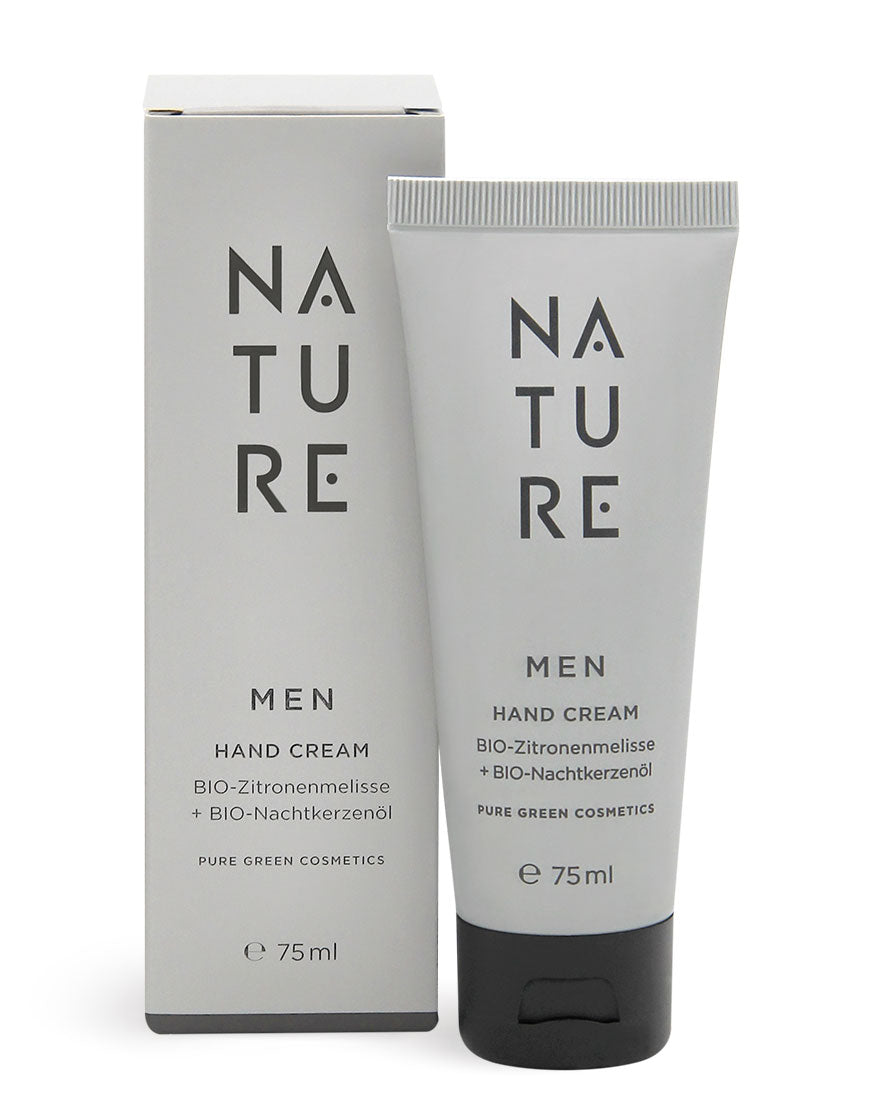 75 ml Tube und Box der MEN Handcreme mit Zitronenmelisse und Kamille für intensive Pflege und beruhigte Hände, Bio & Vegan, für raue Haut.