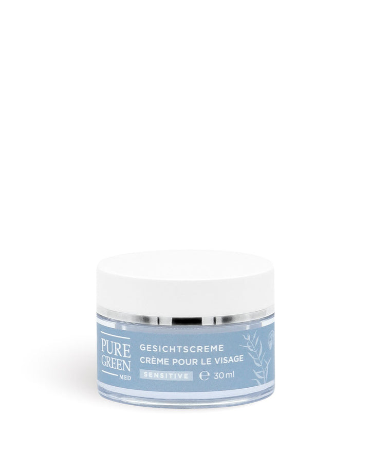 Gesichtscreme Sensitive mit Aloe-Vera & Calendulaextrakt, 30 ml, im hellblauen Tiegel mit weißem Deckel und silbernem Rand. Bio, vegan, für empfindliche Haut.