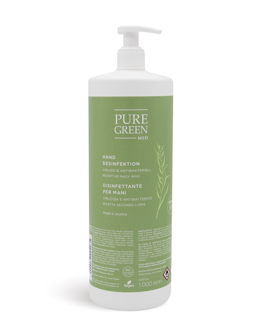 PURE GREEN MED 1 L Pump-Flasche, Handdesinfektion mit Zitronenöl & pflanzlichem Glycerin, viruzid, antibakteriell, WHO-Formulierung, vegan, hergestellt in Österreich, für hygienisch saubere Hände.