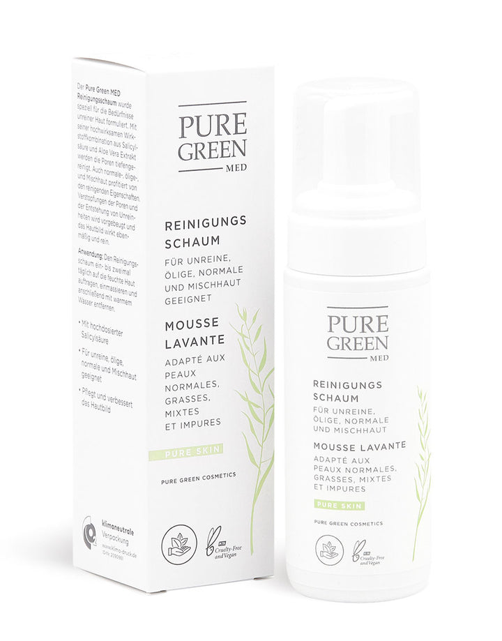 Reinigungsschaum mit Aloe-Vera & Brennnesselextrakt in weißer Pumpflasche und Box, vegan, klimaneutrale Verpackung, für unreine, ölige, normale und Mischhaut.
