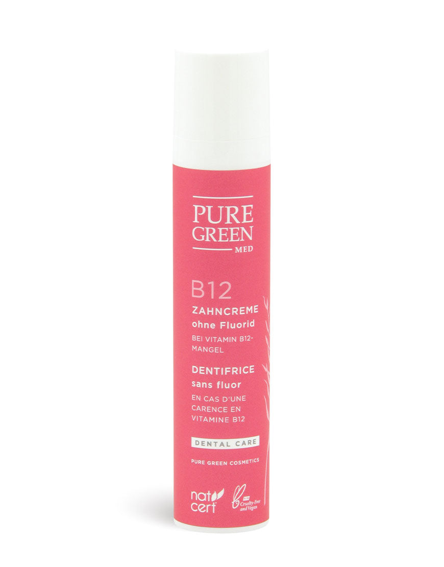 Fluoridfreie Zahncreme mit Vitamin B12 & Minzöl für gesunde Zähne & frischen Atem, zertifizierte Naturkosmetik, vegan, in schlanker Tube PURE GREEN MED.