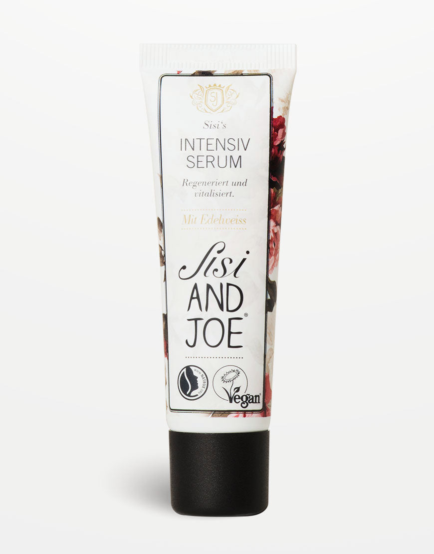 Edelweiß-Intensiv-Serum mit Hyaluronsäure & Q10 in vegan-zertifizierter Sisi and Joe Tube, regeneriert und vitalisiert die Haut, mit Bio-Edelweiss und Traubenkernöl.