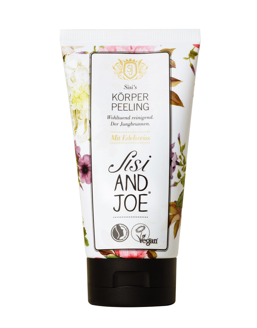 Tube von Sisi and Joe Körperpeeling mit Aprikosenkern-Peelingkörnern und Edelweißextrakt. Vegan zertifiziert, wohltuend reinigend. Schwarzer Flip-Top-Verschluss.
