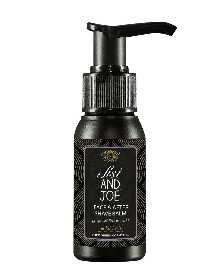 Sisi and Joe After-Shave-Balm mit Apfelsaft & Ingwerextrakt, in schwarzer Pumpflasche, bietet intensive Feuchtigkeit für gepflegte, gestärkte Haut; Bio & Vegan.