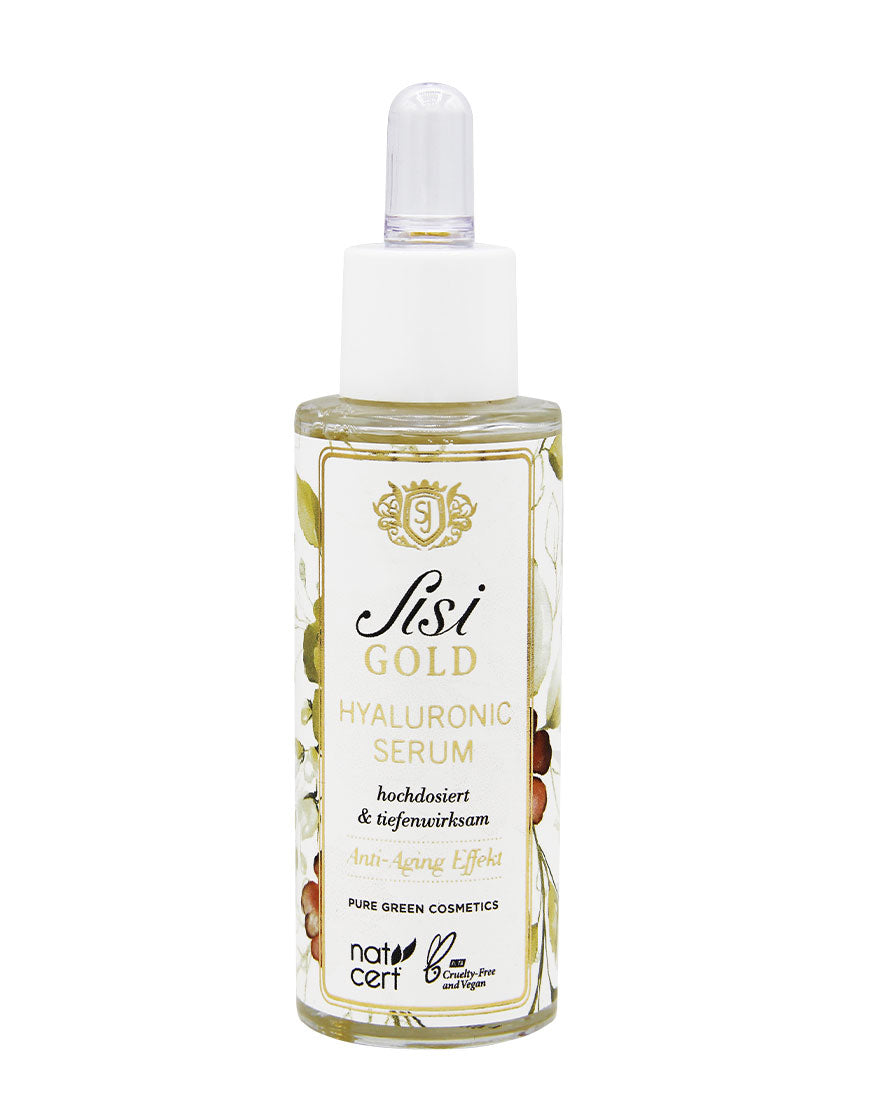 Kleine Glasflasche “Sisi Gold Hyaluronic Serum”, ein hochdosiertes Anti-Aging Hyaluron-Serum mit Traubenkernextrakt, vegan und cruelty-free, für intensive Feuchtigkeit und strahlenden Teint.