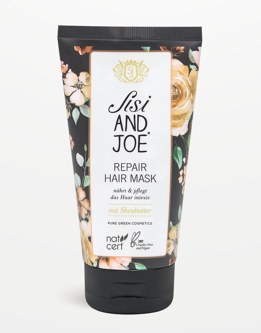 Tube der Sisi and Joe Repair Haarmaske mit Sheabutter & Pfirsichextrakt, intensive Feuchtigkeit, glänzendes, gesundes Haar; Bio, vegan, cruelty-free, Pure Green Cosmetics-zertifiziert.