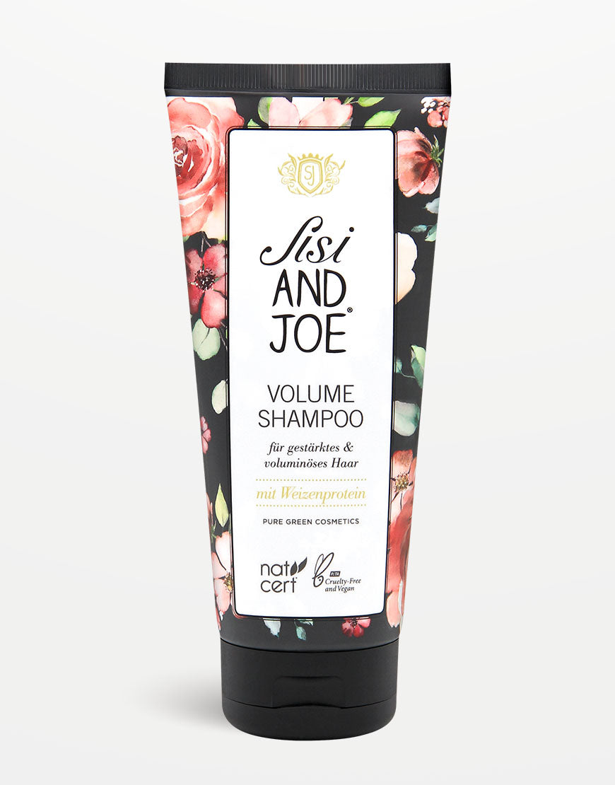 Sisi and Joe Protein-Boost Volumen Shampoo: Quetschtube mit Blumenmuster, für kräftiges Haar und langanhaltendes Volumen, mit Weizenprotein. Zertifiziert bio, vegan, tierversuchsfrei.