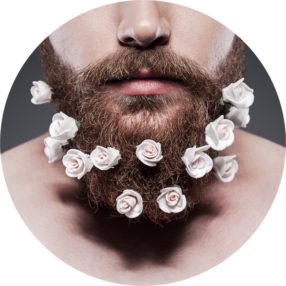 Nahaufnahme eines unteren Gesichtsteils mit einem rötlich-braunen Vollbart, in den kleine weiße Rosenknospen dekorativ gesteckt sind.