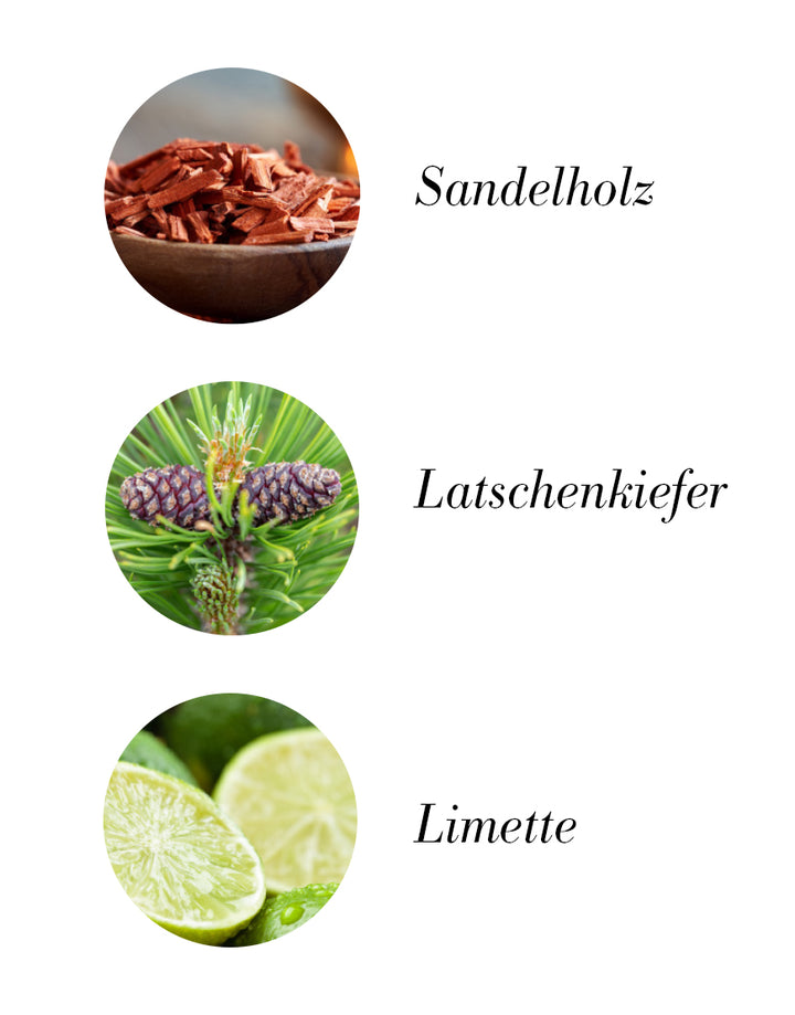Raumduft mit Latschenkiefer & Sandelholz zeigt Sandelholz, Latschenkiefer und Limetten als Duftnoten, vermittelt reinigenden und stresslindernden Bio-Duft, vegan und natürlich.