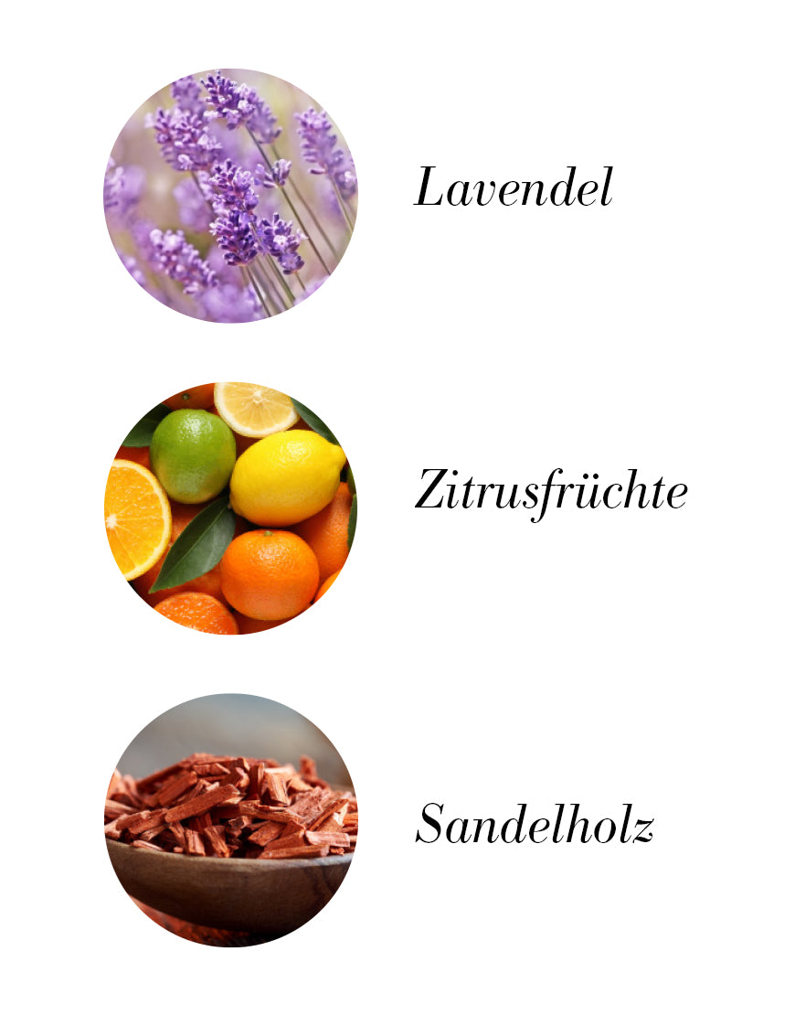 Raumduft mit Limette & Zitrone sowie Lavendel & Mandarine: Bild zeigt Lavendel, Zitrusfrüchte und Sandelholz, repräsentierend den erfrischenden, revitalisierenden Duft. Bio & vegan.
