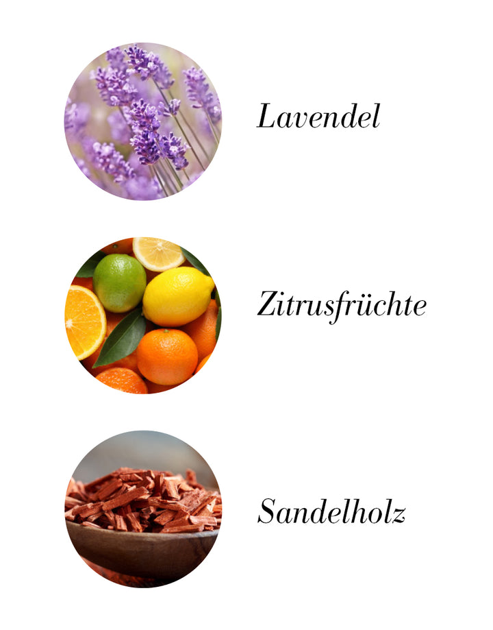Raumduft mit Limette & Zitrone sowie Lavendel & Mandarine: Bild zeigt Lavendel, Zitrusfrüchte und Sandelholz, repräsentierend den erfrischenden, revitalisierenden Duft. Bio & vegan.