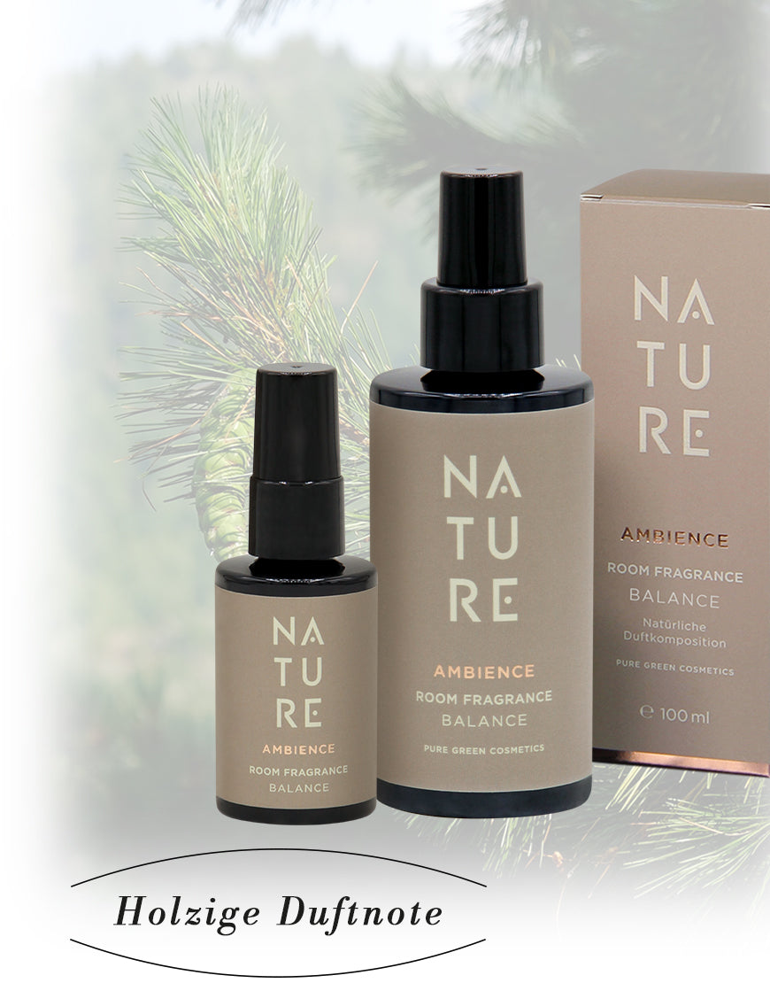 Raumduft mit Latschenkiefer & Sandelholz, Bio & Vegan: Zwei Sprühflaschen und eine passende Box vermitteln reinigenden, stresslindernden Duft für Balance und Wohlbefinden.