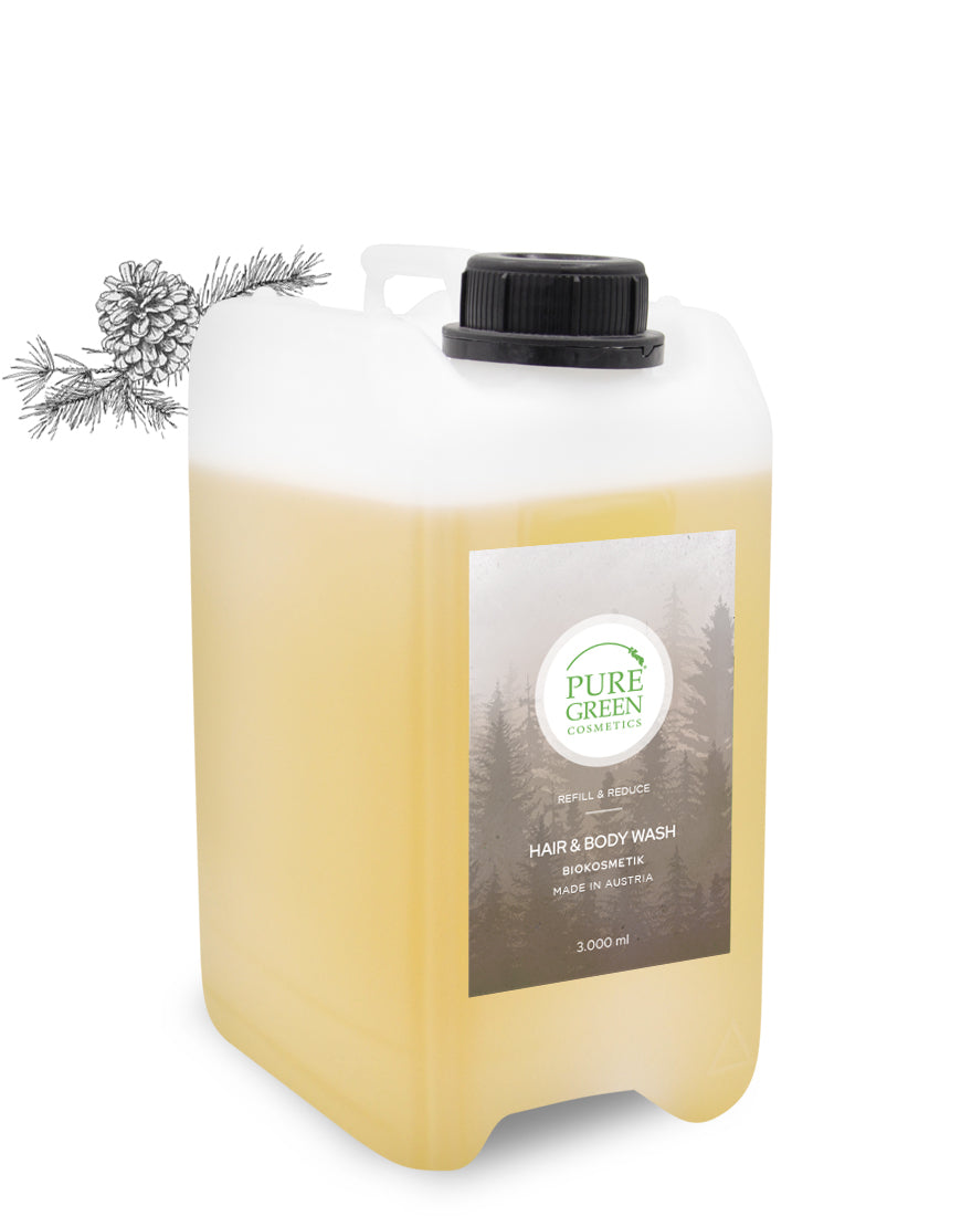3‑Liter Hair‑&‑Bodywash‑Kanister mit Zirbenöl & Kräuterextrakten für sanfte Reinigung & wohltuenden Waldduft, biokosmetisches Produkt aus Österreich, in durchsichtiger Kunststoffflasche.