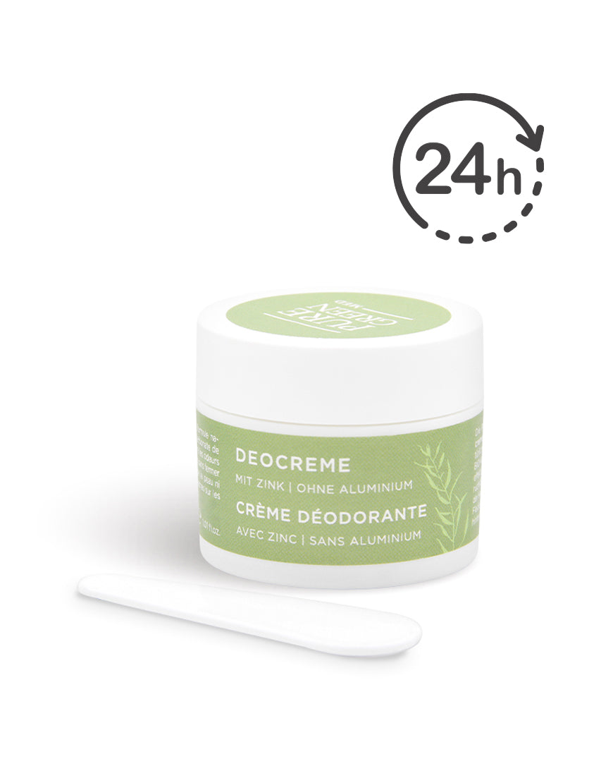 Deocreme mit Kokosöl & Zink für langanhaltenden Schutz & zarte Achselhaut; kleine weiße Dose mit grünem Etikett, inkl. Spatel, ohne Aluminium, 24-Stunden-Schutz.