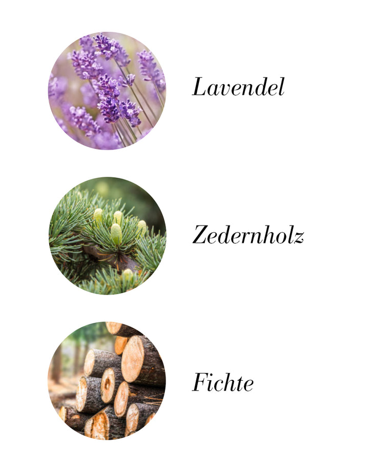 Raumduft mit Lavendel, Zedernholz und Fichtennadel, präsentiert in drei kreisförmigen Bildern, bietet eine beruhigende, entspannende Atmosphäre; bio und vegan.