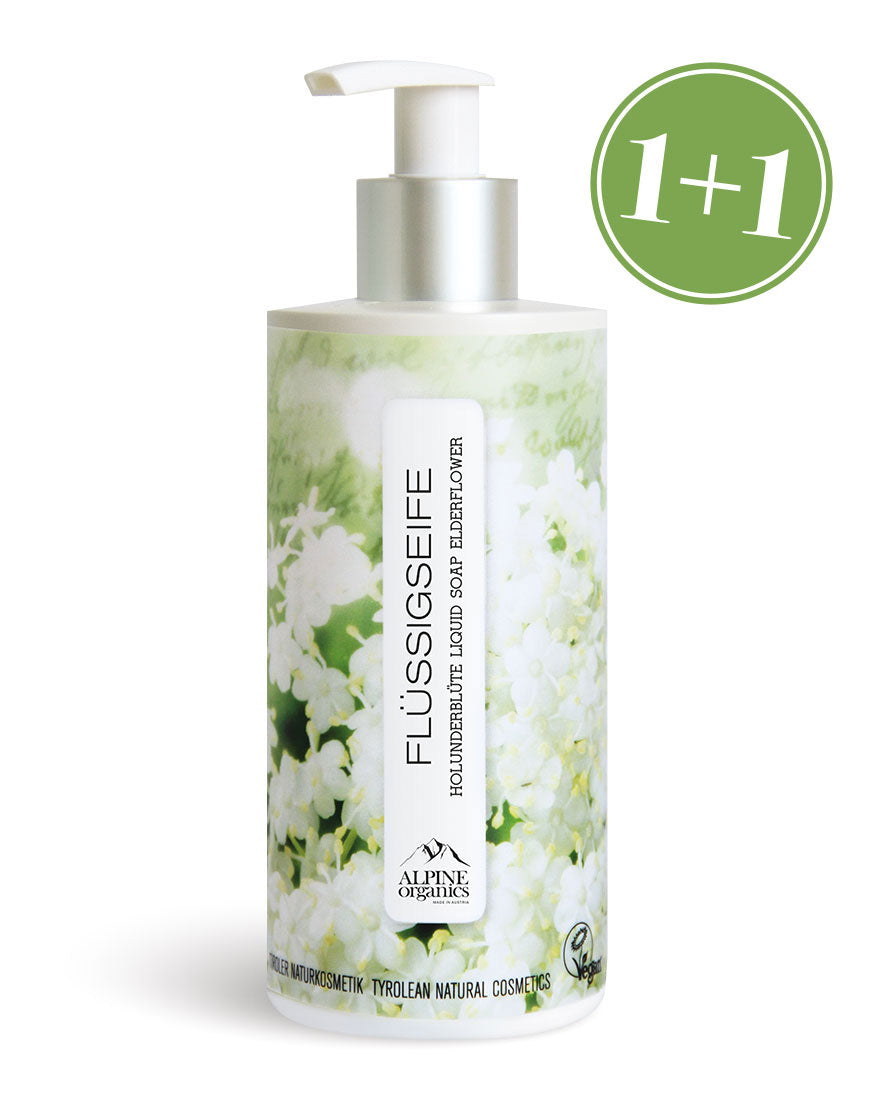 Flüssigseife mit Holunder für sanftes Händewaschen, Bio & Vegan, im Pumpflasche mit 1+1 Angebot, Teil der Alpine Organics Linie, vegan zertifiziert.