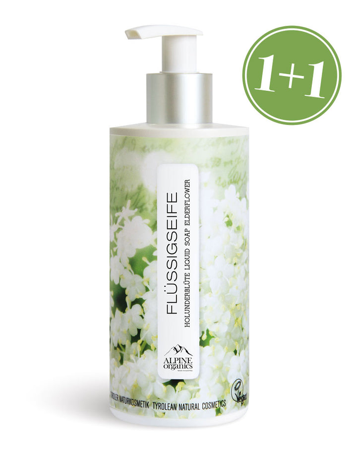 Flüssigseife mit Holunder für sanftes Händewaschen, Bio & Vegan, im Pumpflasche mit 1+1 Angebot, Teil der Alpine Organics Linie, vegan zertifiziert.