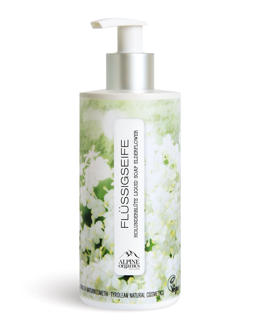 Flüssigseife mit Holunder für sanftes Händewaschen | Bio & Vegan: Pumpflasche mit Holunderblütenmotiv, vegan zertifiziert, Tiroler Naturkosmetik von Alpine Organics, feuchtigkeitsspendend und erfrischend.