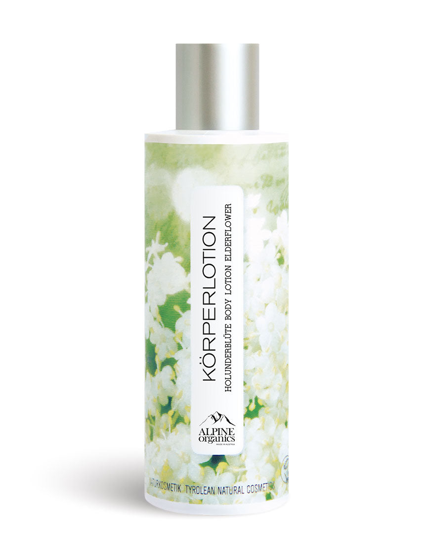 Körperlotion Holunder für zarte & geschmeidige Haut | Bio & Vegan, in zylindrischer Pumpflasche mit Holunderblütenmotiv und mattsilbernem Verschluss, spendet intensive Feuchtigkeit.