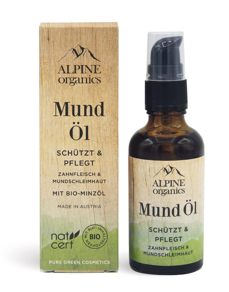 Mundöl mit Minze für natürliche Mundpflege | Bio & Vegan: Braunglasflasche und Karton mit Holzdesign, schützt Zahnfleisch mit Bio-Minzöl. Hergestellt in Österreich.