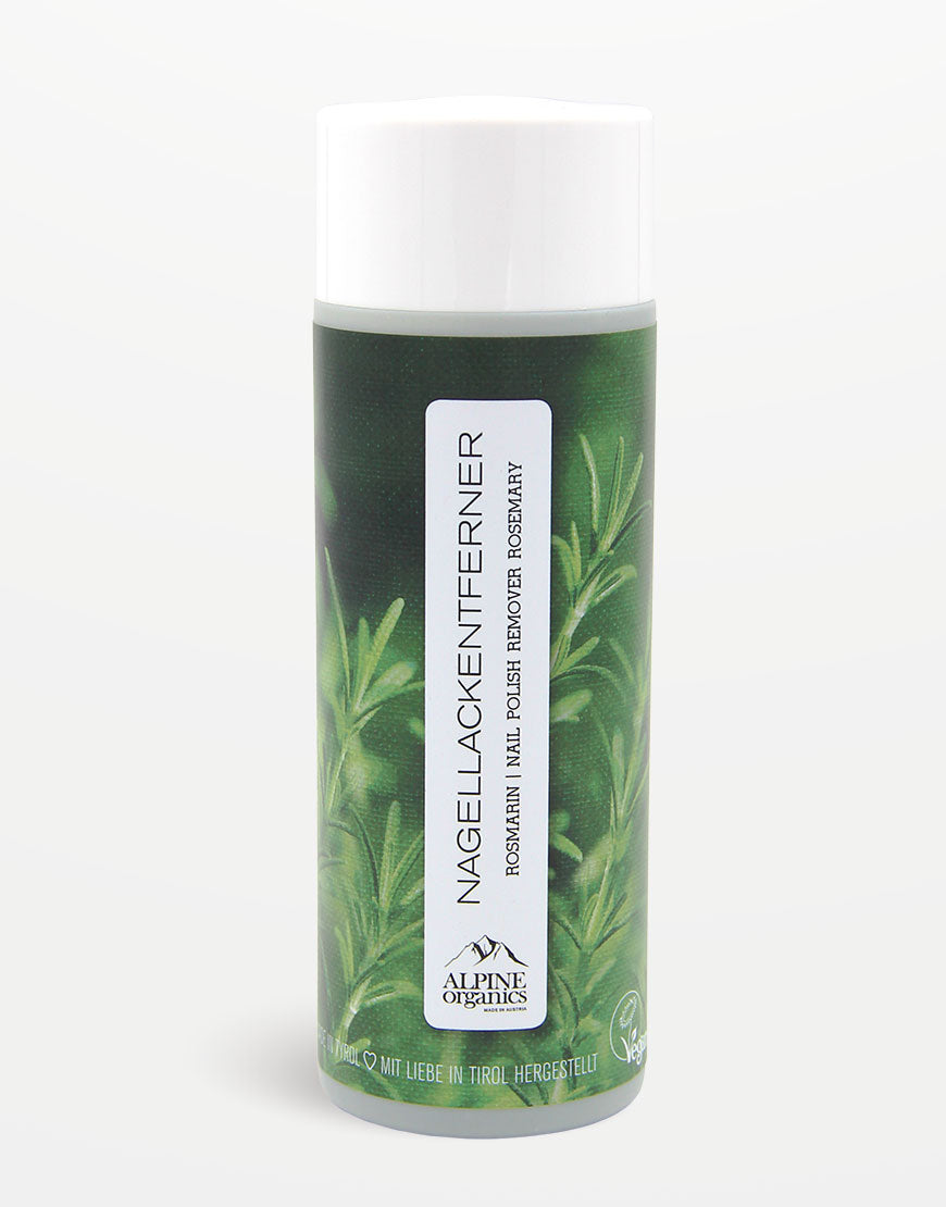 Zylindrische Flasche des Nagellackentfernens von Alpine Organics; duftet nach Rosmarin, enthält pflegendes BIO-Rizinusöl; vegan und schonend für Nägel und Nagelhaut.