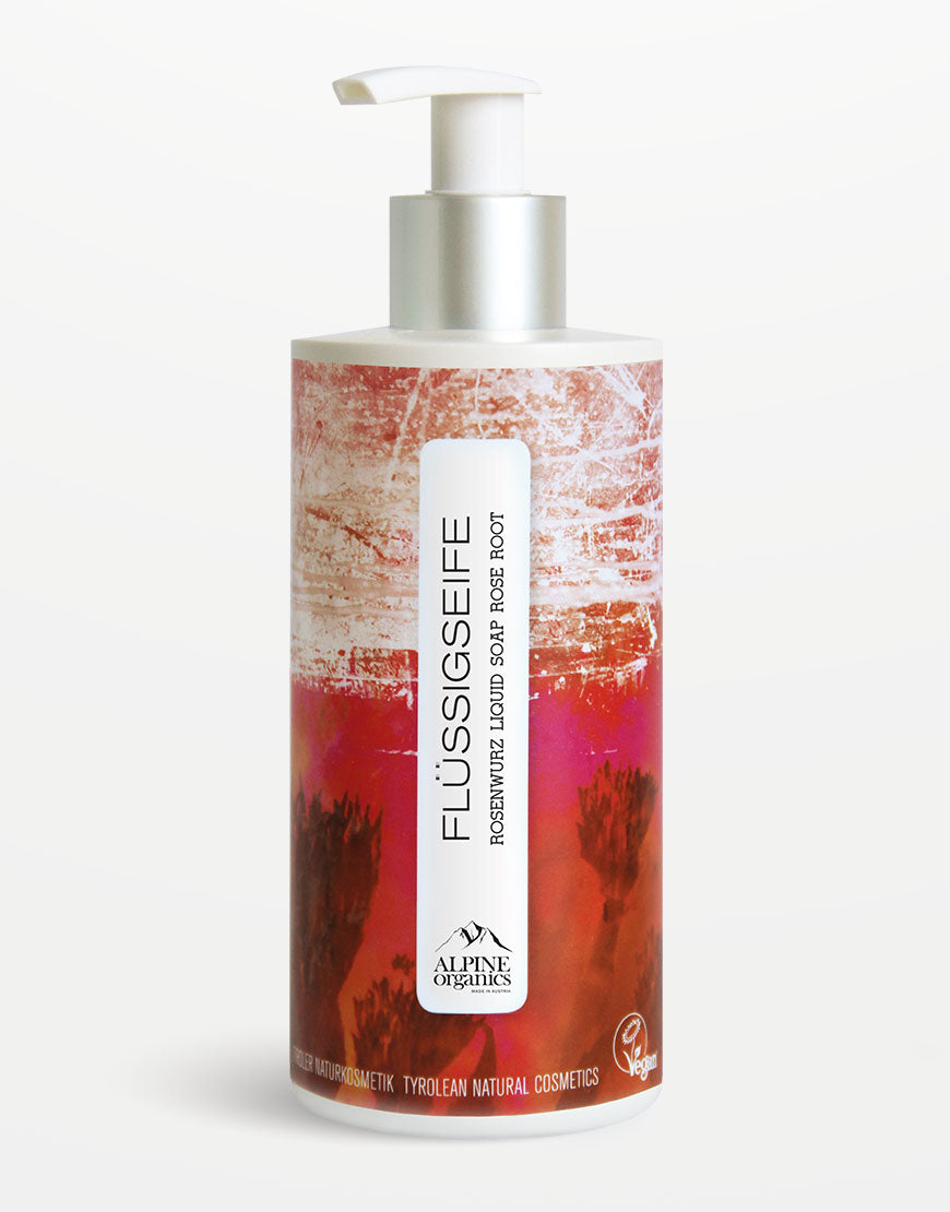 Flüssigseife mit Rosenwurz für sanftes Händewaschen | Bio & Vegan, in einer zylindrischen Pumpflasche, Tiroler Naturkosmetik, schonende Reinigung mit pflanzlichen Tensiden.