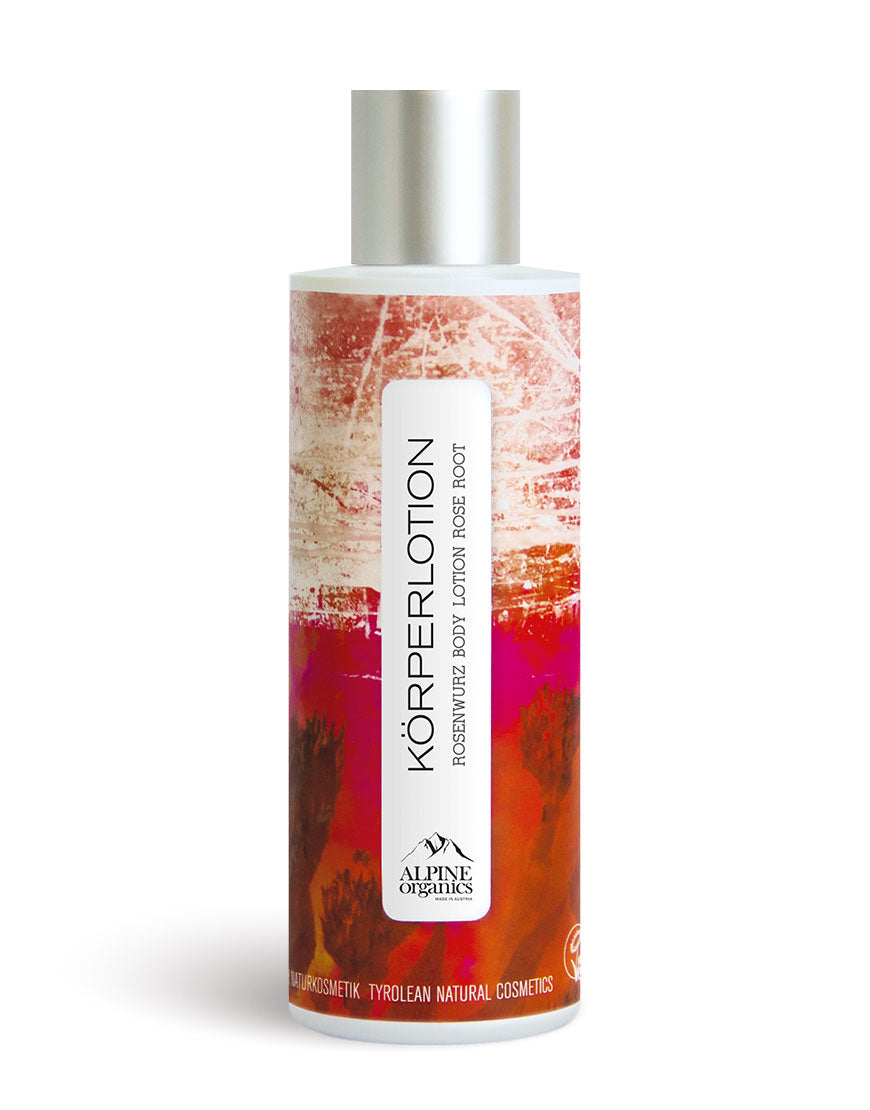 Flasche mit der Aufschrift Bodylotion Rosenwurz von Alpine Organics, vegan und tierversuchsfrei, sorgt für zarte, geschmeidige Haut mit Rosenduft.