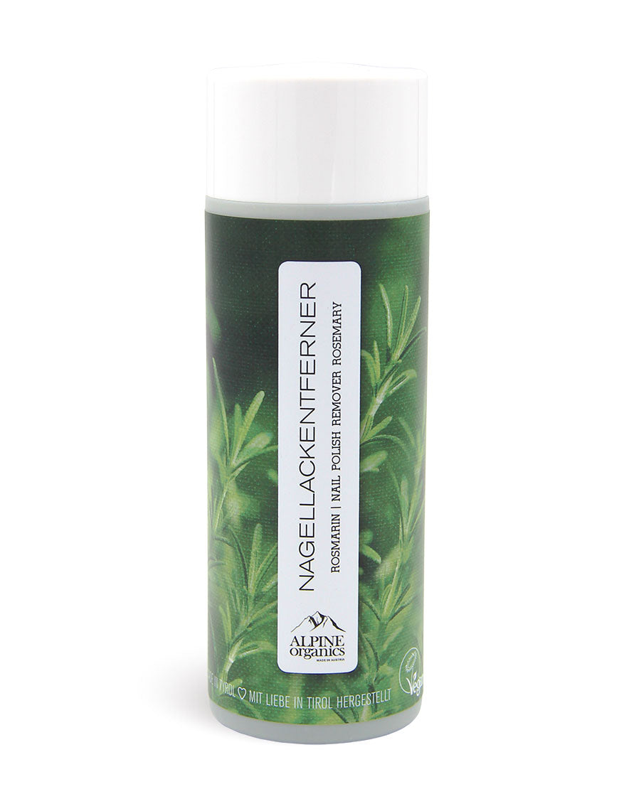 Nagellackentferner mit Rosmarin & Rizinusöl für sanfte Pflege der Nägel von Alpine Organics, in grüner Flasche mit Rosmarin-Design und weißem Deckel.